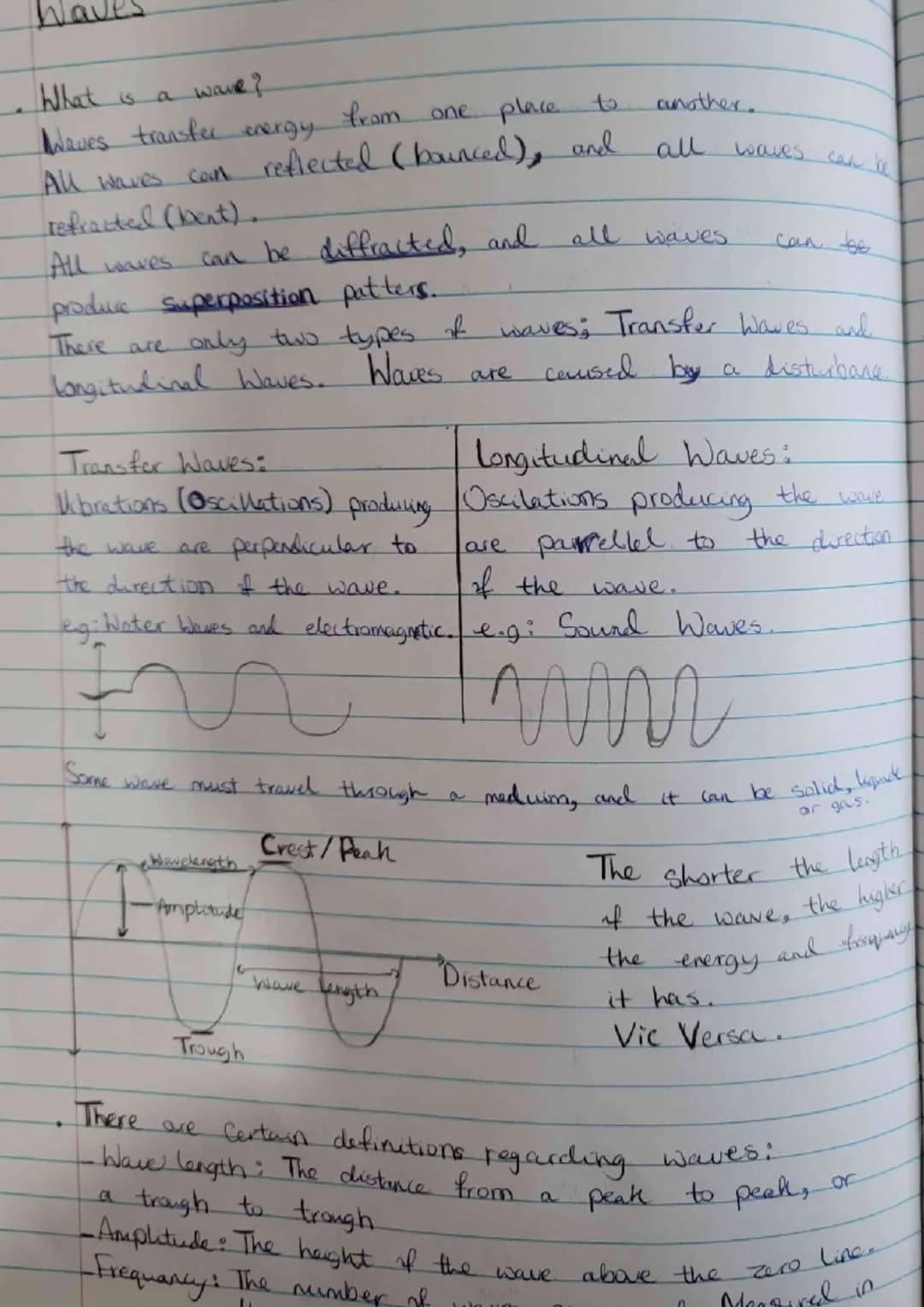 
<p>A wave is the transfer of energy from one place to another. All waves can be reflected (bounced) and refracted (bent). They can also be 
