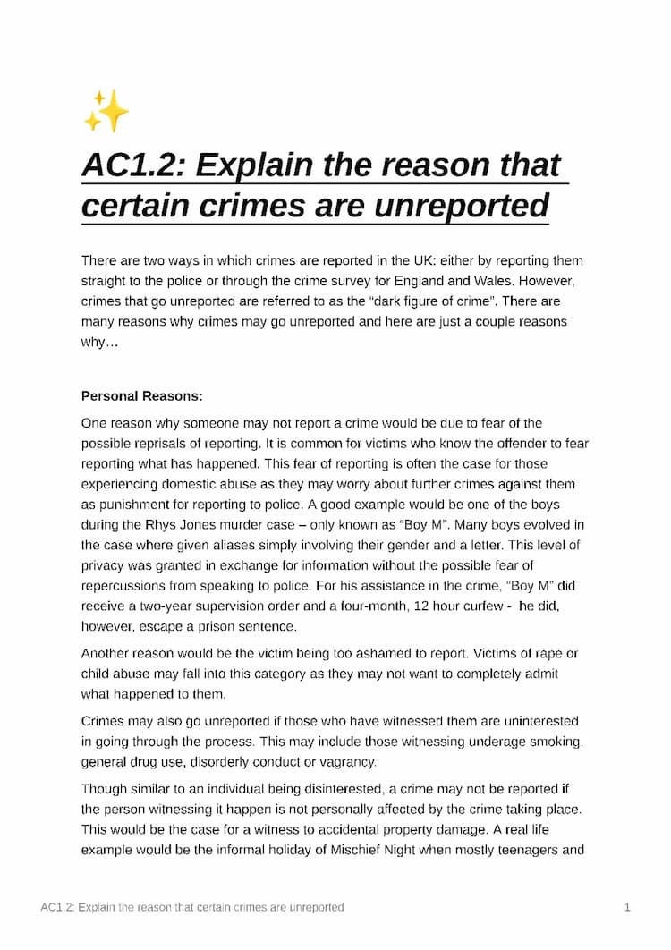 Know Unit 1 - AC1.2: Explain the reason that certain crimes are unreported thumbnail