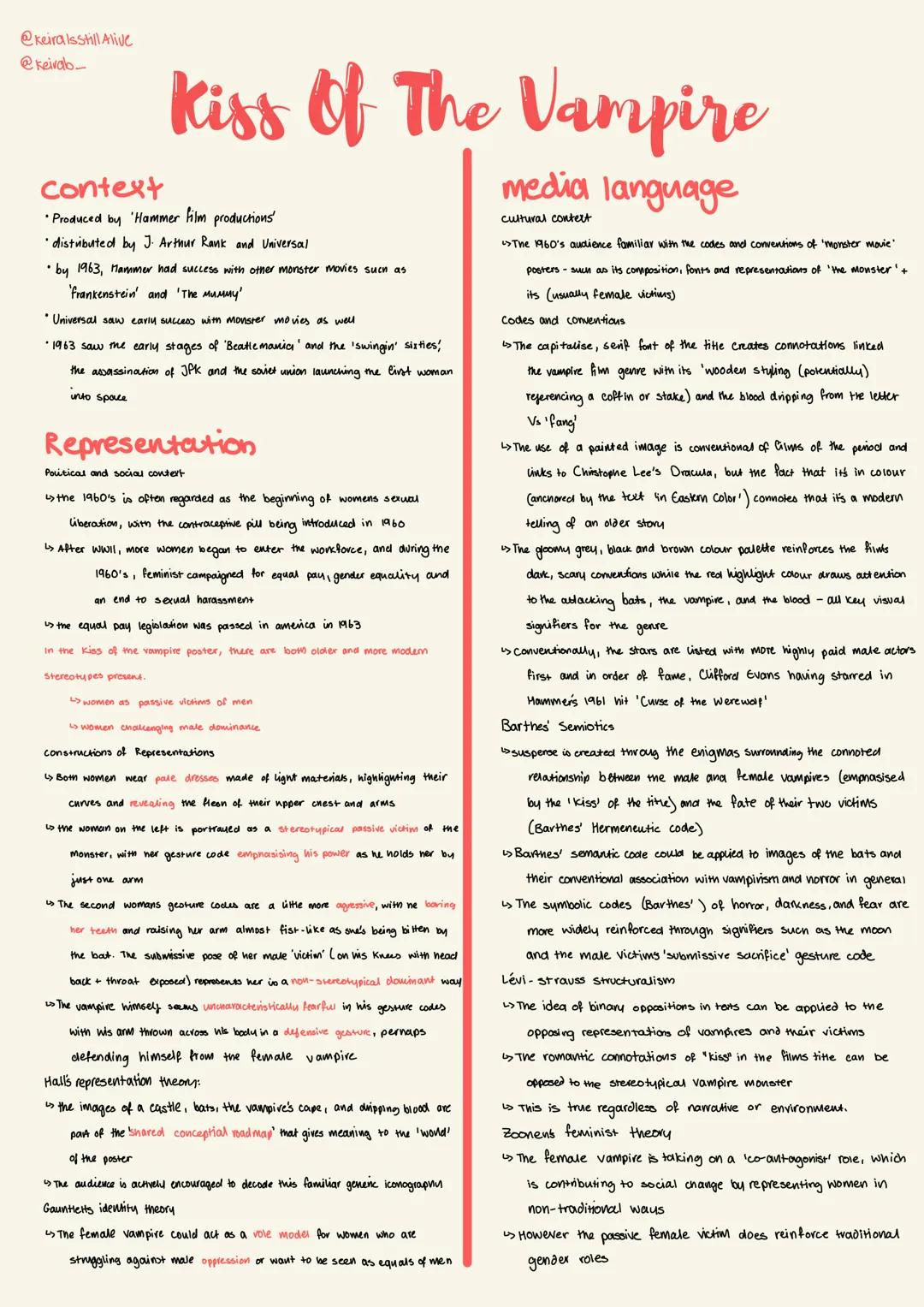 @keiraisstill Alive
@keivab-
Kiss Of The Vampire
media language
cultural context
"The 1960's audience familiar with the codes and convention