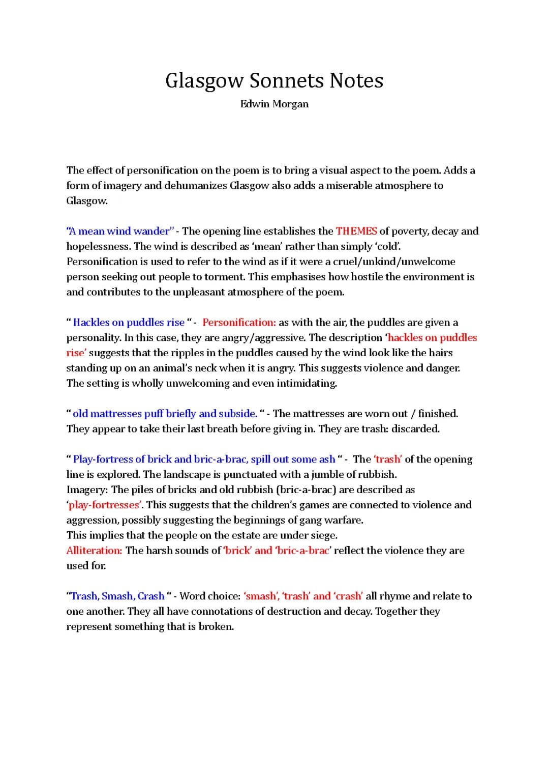 National Five Notes on Edwin Morgan's Glasgow Sonnets 