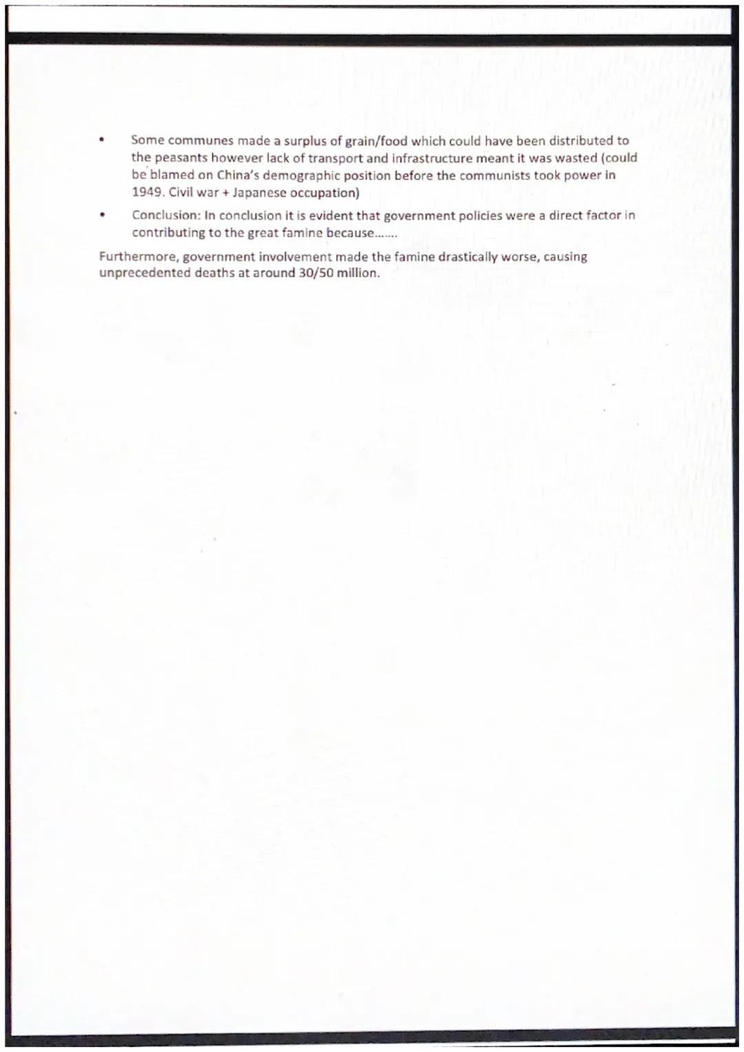 The Great Famine essay plan
> How accurate is it to suggest the famine of 1959-1962 was caused by government
policies?
Lysenkoism/pest contr