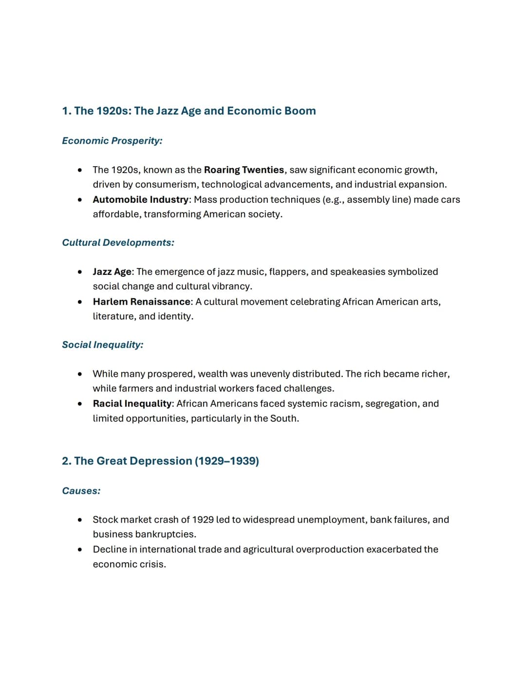 1. The 1920s: The Jazz Age and Economic Boom
Economic Prosperity:
• The 1920s, known as the Roaring Twenties, saw significant economic growt