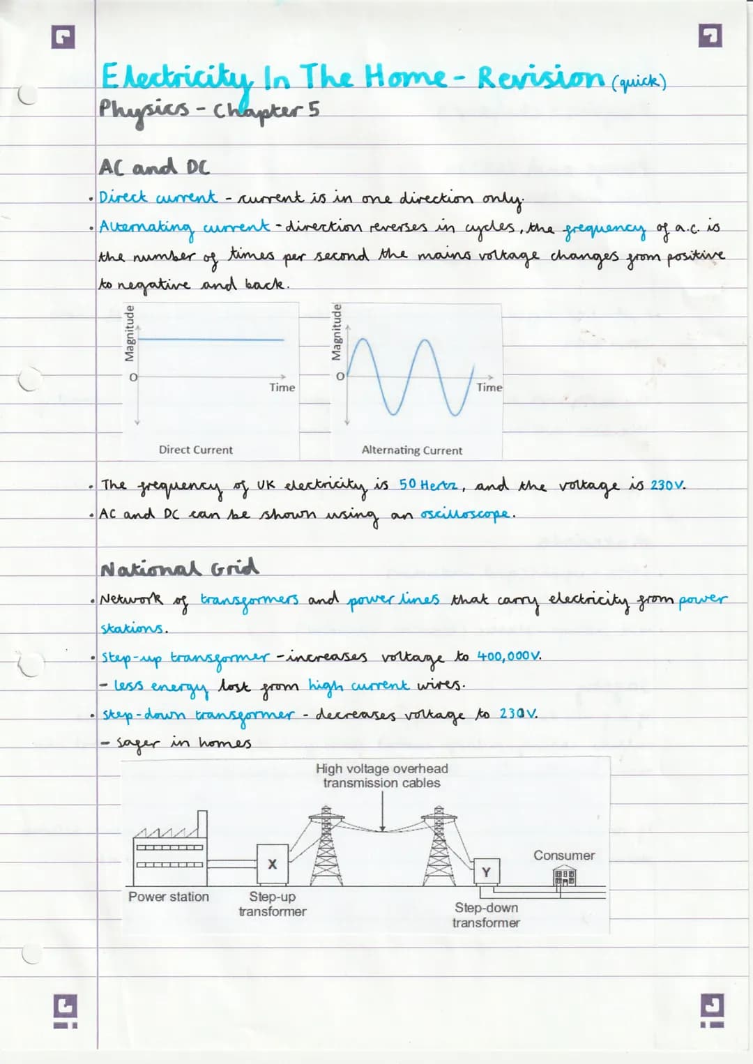 C
!G
Electricity In The Home - Revision (quick).
Physics - Chapter 5
AC and DC
•Direct current -current is in one direction only.
• Alternat