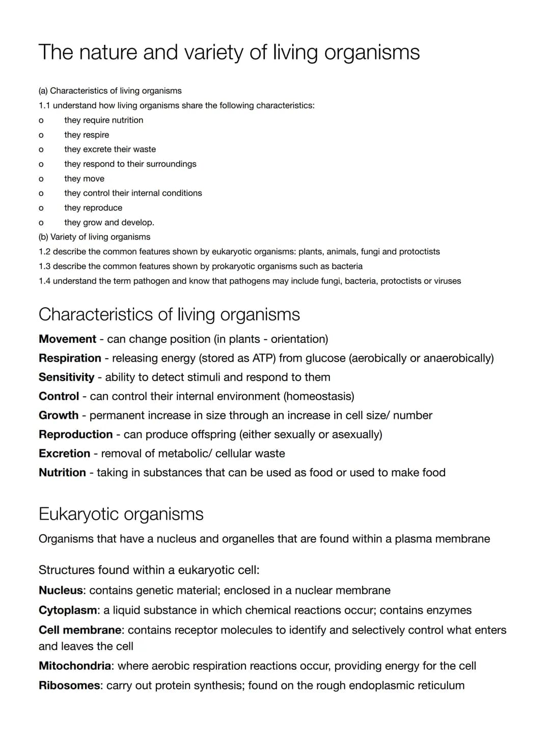 The nature and variety of living organisms
(a) Characteristics of living organisms
1.1 understand how living organisms share the following c