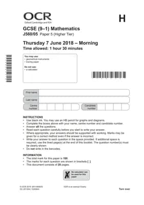 Know GCSE OCR MATHS PAPER 5 HIGHER  thumbnail