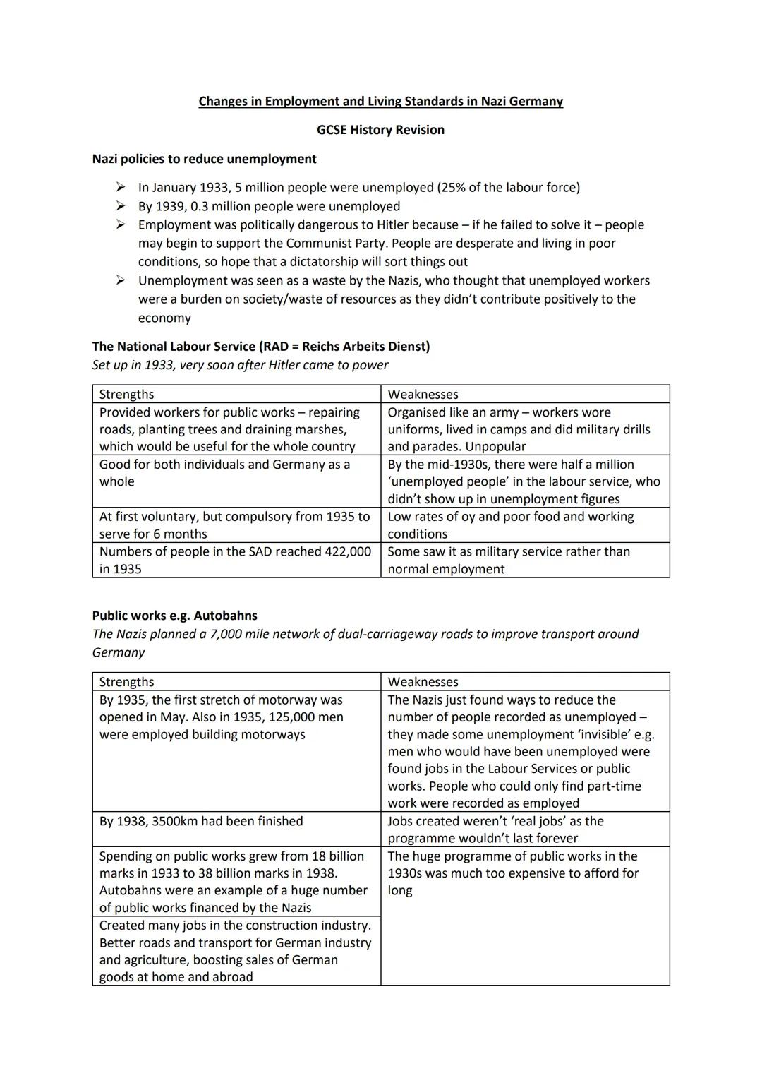 Changes in Employment and Living Standards in Nazi Germany
GCSE History Revision
Nazi policies to reduce unemployment
In January 1933, 5 mil