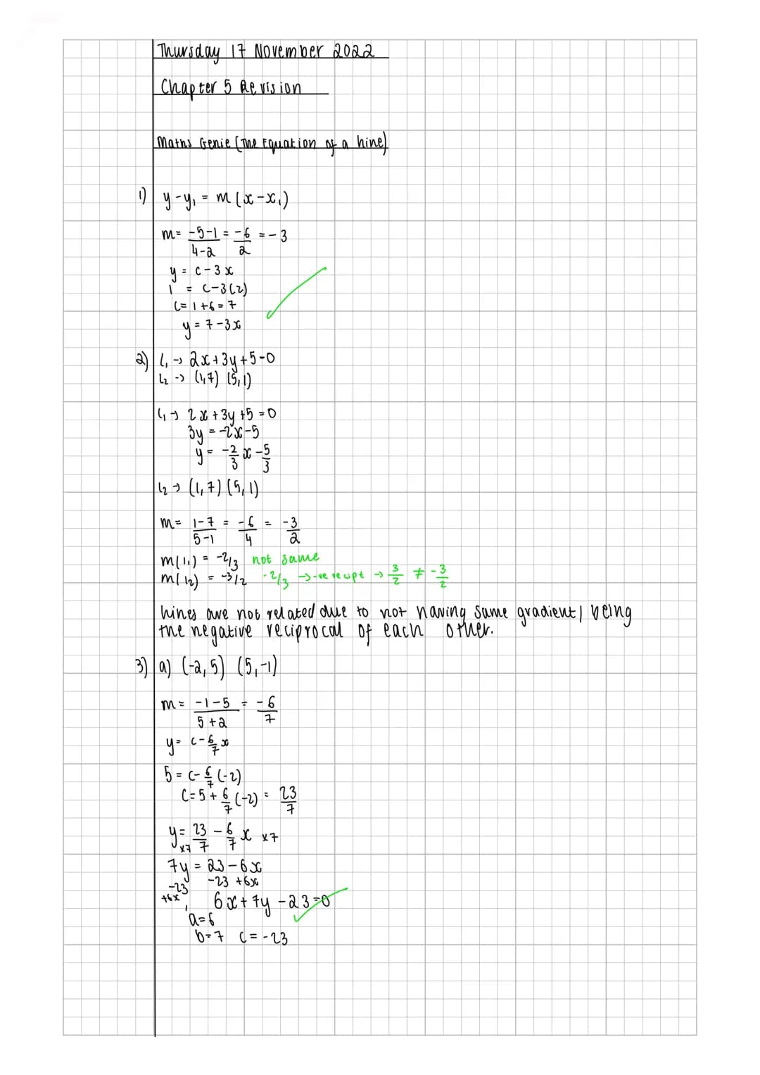 Thursday 17 November 2022
Chapter 5 Revision
Maths Genie (The Equation of a hine)
1) y - y₁ = m ( x-x₁)
m= −9-1 = − 6 = -3
4-2
2
y = c - 3 x
