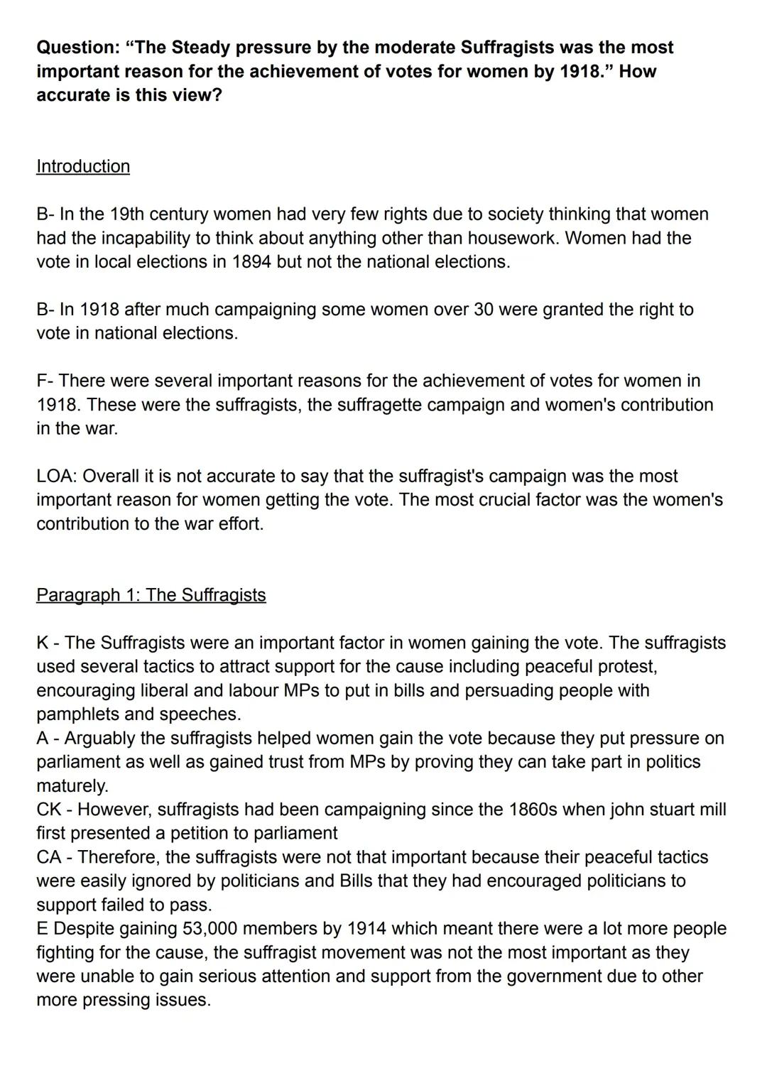 Higher History - Votes for women essay 