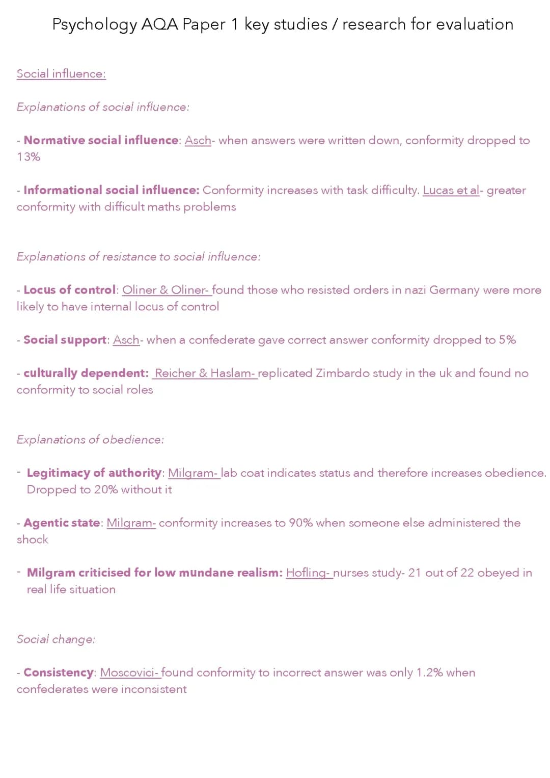 Psychology AQA key studies/research for evaluation  paper 1