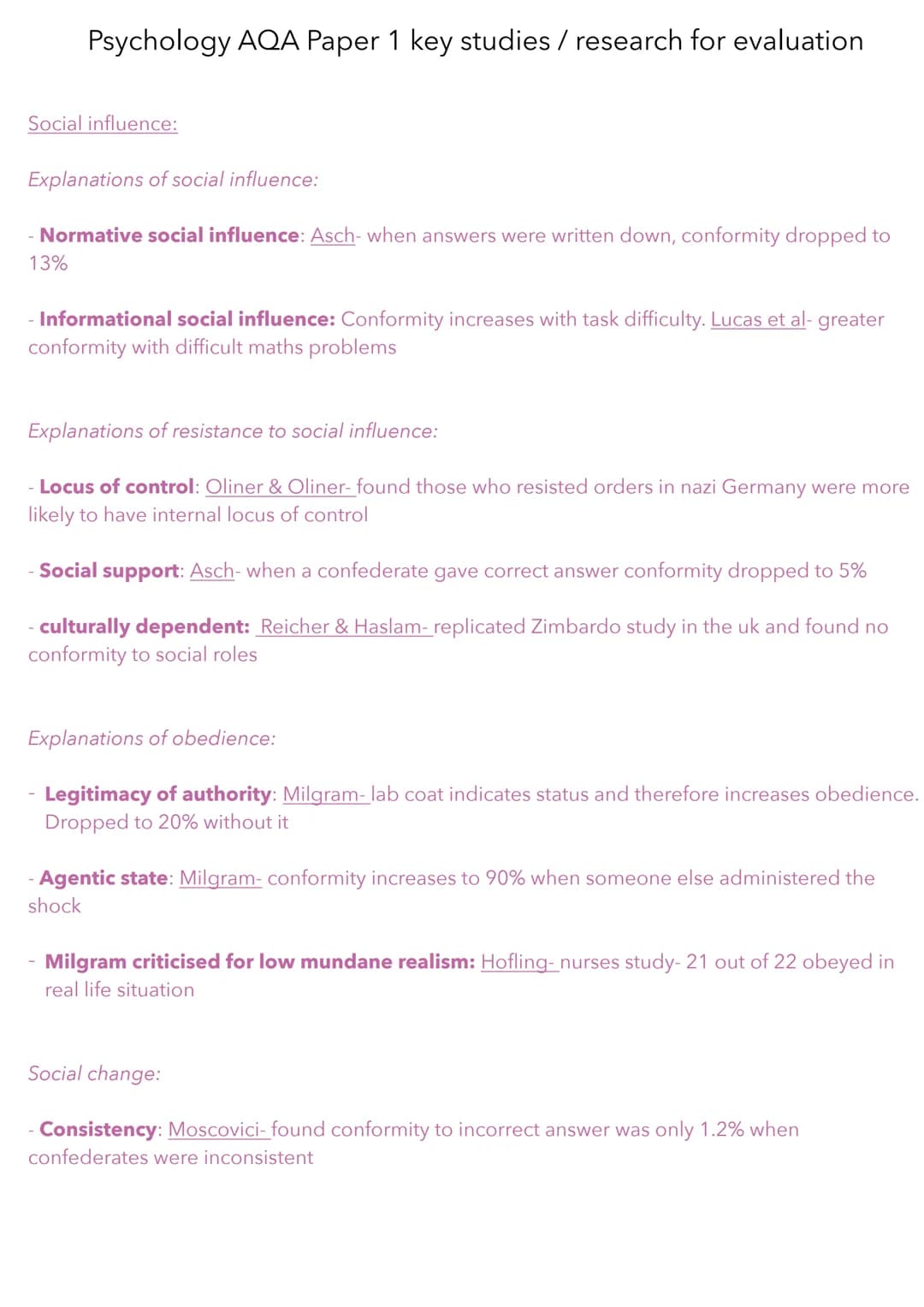 Psychology AQA Paper 1 key studies / research for evaluation
Social influence:
Explanations of social influence:
- Normative social influenc