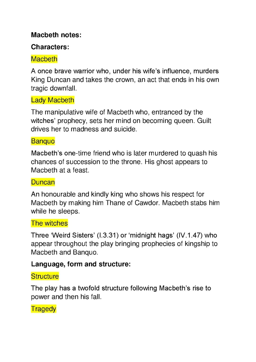 Macbeth notes grades 9-1 