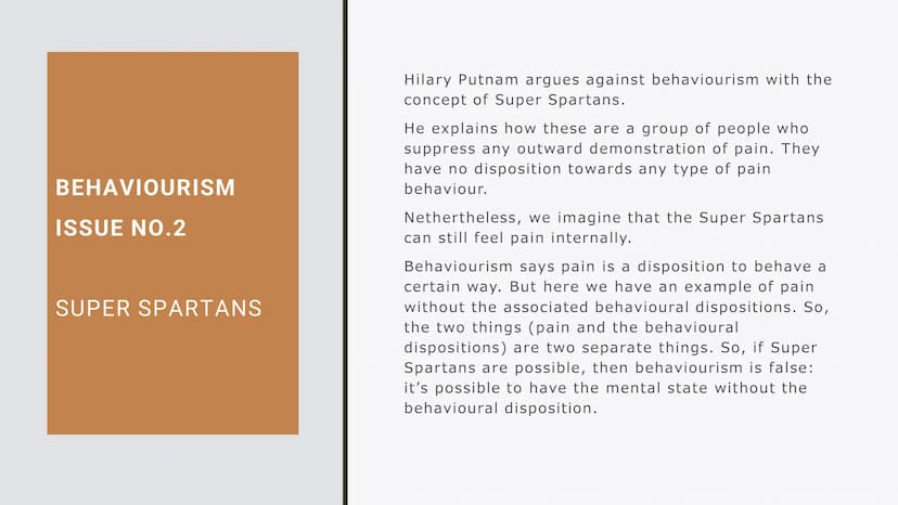 BEHAVIOURISM
Philosophy Revision Cards An Overview of
Behaviourism
Behaviourism is the idea that mental states -
such as pain, pleasure, sad