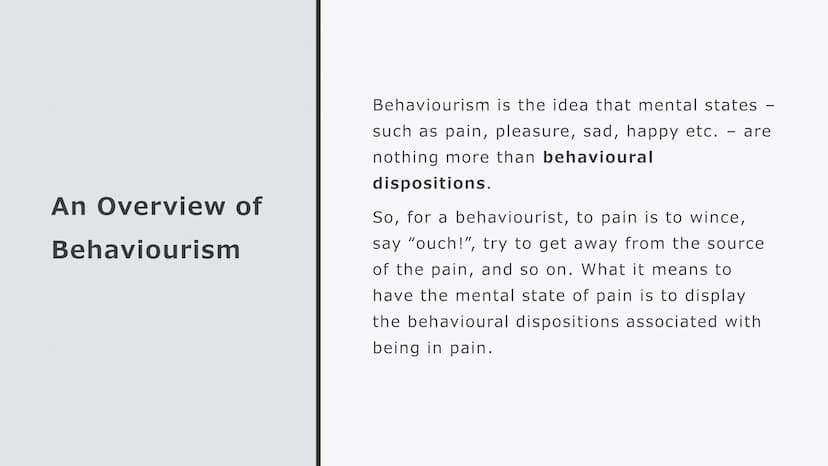 BEHAVIOURISM
Philosophy Revision Cards An Overview of
Behaviourism
Behaviourism is the idea that mental states -
such as pain, pleasure, sad