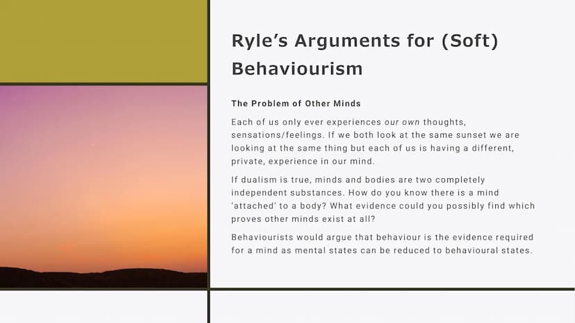 BEHAVIOURISM
Philosophy Revision Cards An Overview of
Behaviourism
Behaviourism is the idea that mental states -
such as pain, pleasure, sad