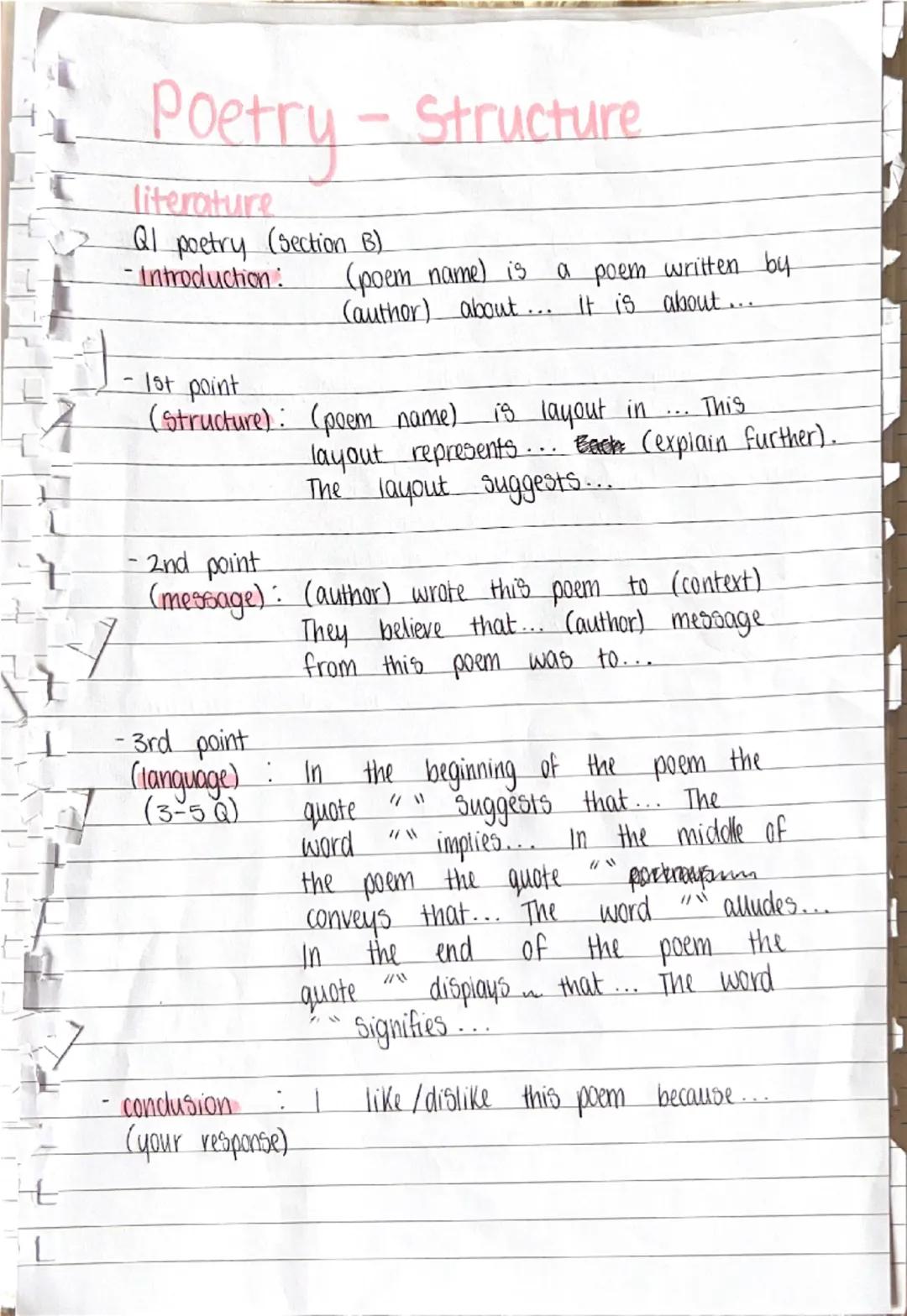 Poetry - Structure
literature
- QI poetry (section B)
-Introduction: (poem name) is a poem written by
(author) about... It is about...
- 1st