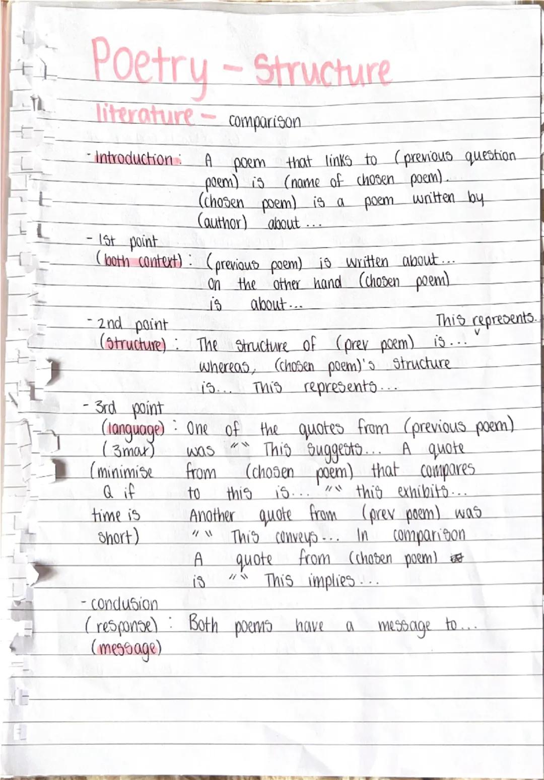 Poetry - Structure
literature
- QI poetry (section B)
-Introduction: (poem name) is a poem written by
(author) about... It is about...
- 1st