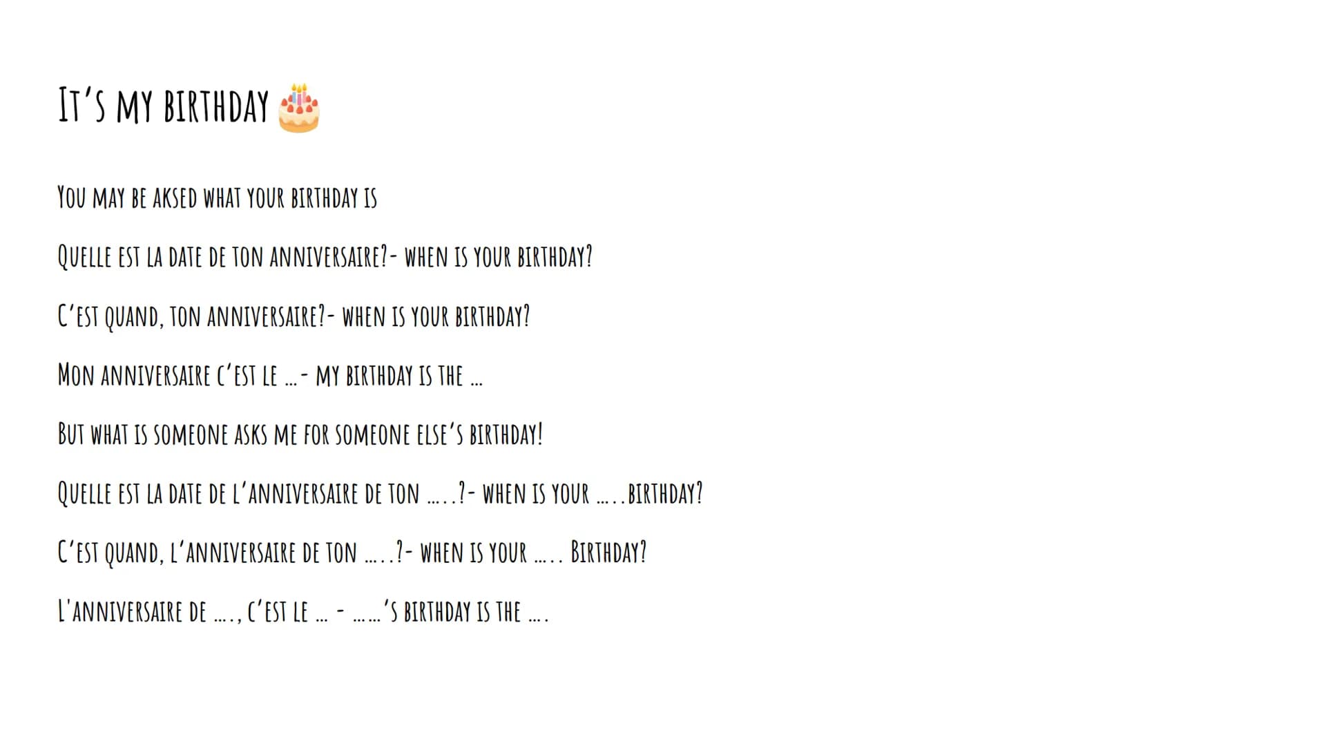 FRENCH BASICS
HERE'S SOME HELPFUL THINGS TO KNOW INTRODUCING YOURSELF
INSERT A NUMBER
JE M'APPELLE...
MY NAME IS...
J'AI ... ANS-
...
I AM..