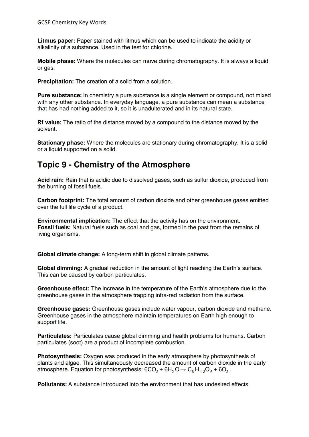 GCSE Chemistry Key Words
Definitions and Concepts for AQA Chemistry GCSE
Definitions in **bold** are for higher tier only
Topic 1- Atomic St