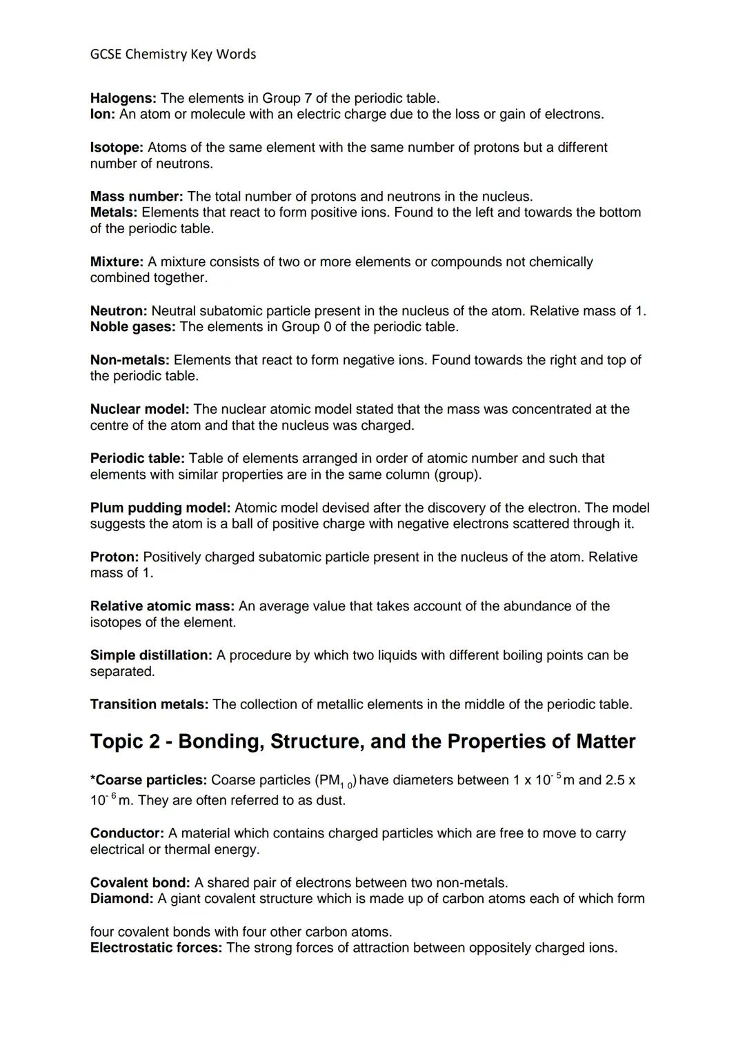 GCSE Chemistry Key Words
Definitions and Concepts for AQA Chemistry GCSE
Definitions in **bold** are for higher tier only
Topic 1- Atomic St