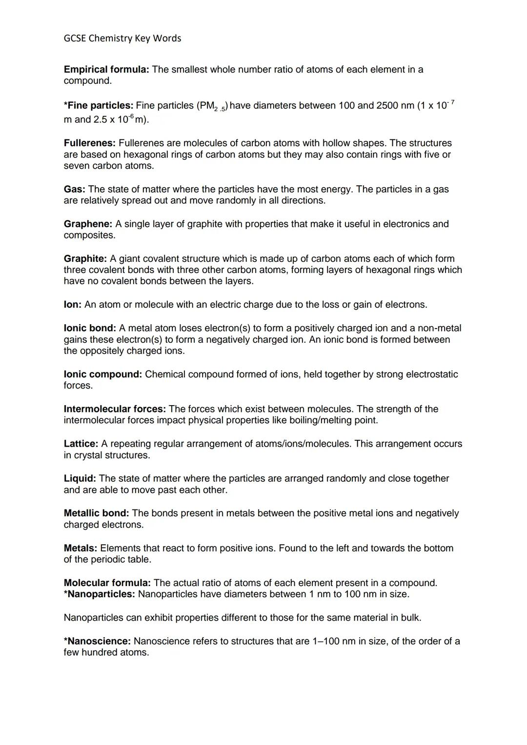 GCSE Chemistry Key Words
Definitions and Concepts for AQA Chemistry GCSE
Definitions in **bold** are for higher tier only
Topic 1- Atomic St