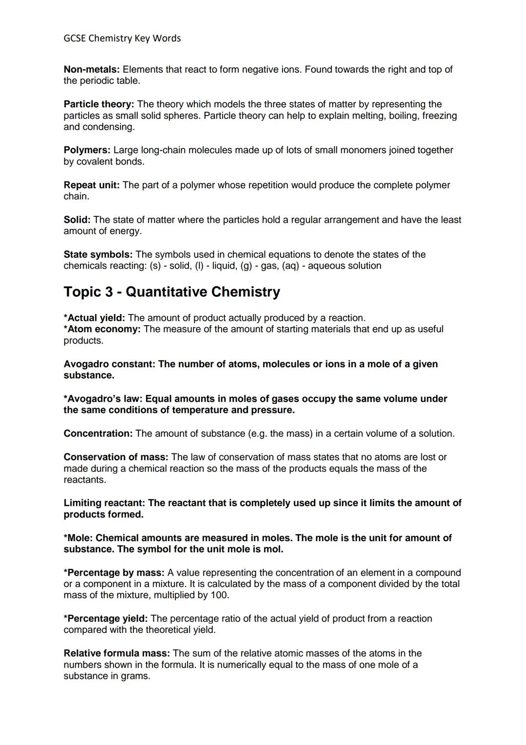 GCSE Chemistry Key Words
Definitions and Concepts for AQA Chemistry GCSE
Definitions in **bold** are for higher tier only
Topic 1- Atomic St