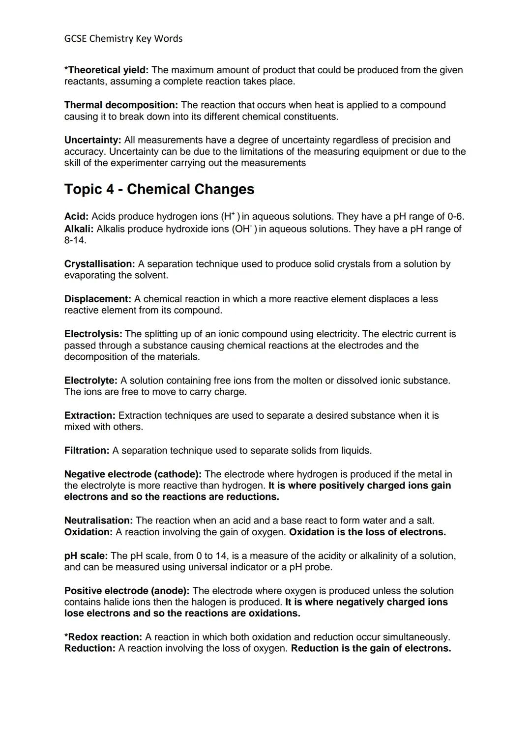 GCSE Chemistry Key Words
Definitions and Concepts for AQA Chemistry GCSE
Definitions in **bold** are for higher tier only
Topic 1- Atomic St