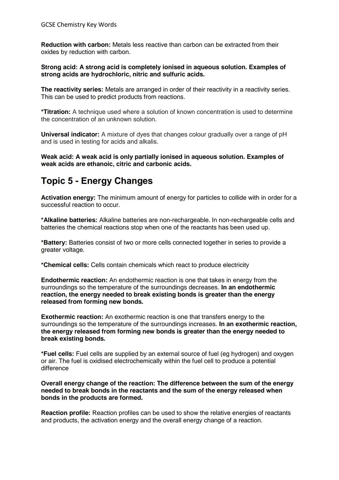 GCSE Chemistry Key Words
Definitions and Concepts for AQA Chemistry GCSE
Definitions in **bold** are for higher tier only
Topic 1- Atomic St
