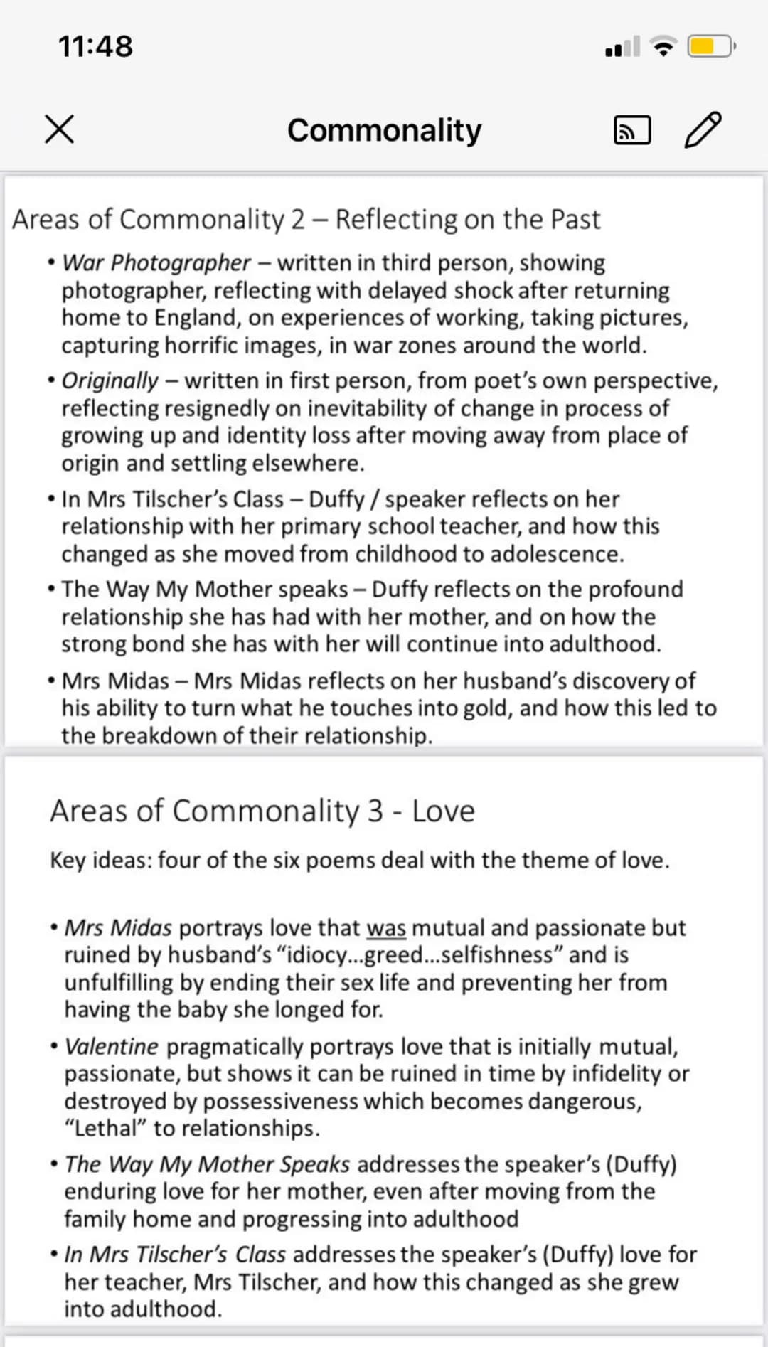 11:48
X
Commonality
Areas of Commonality 2 - Reflecting on the Past
• War Photographer - written in third person, showing
photographer, refl