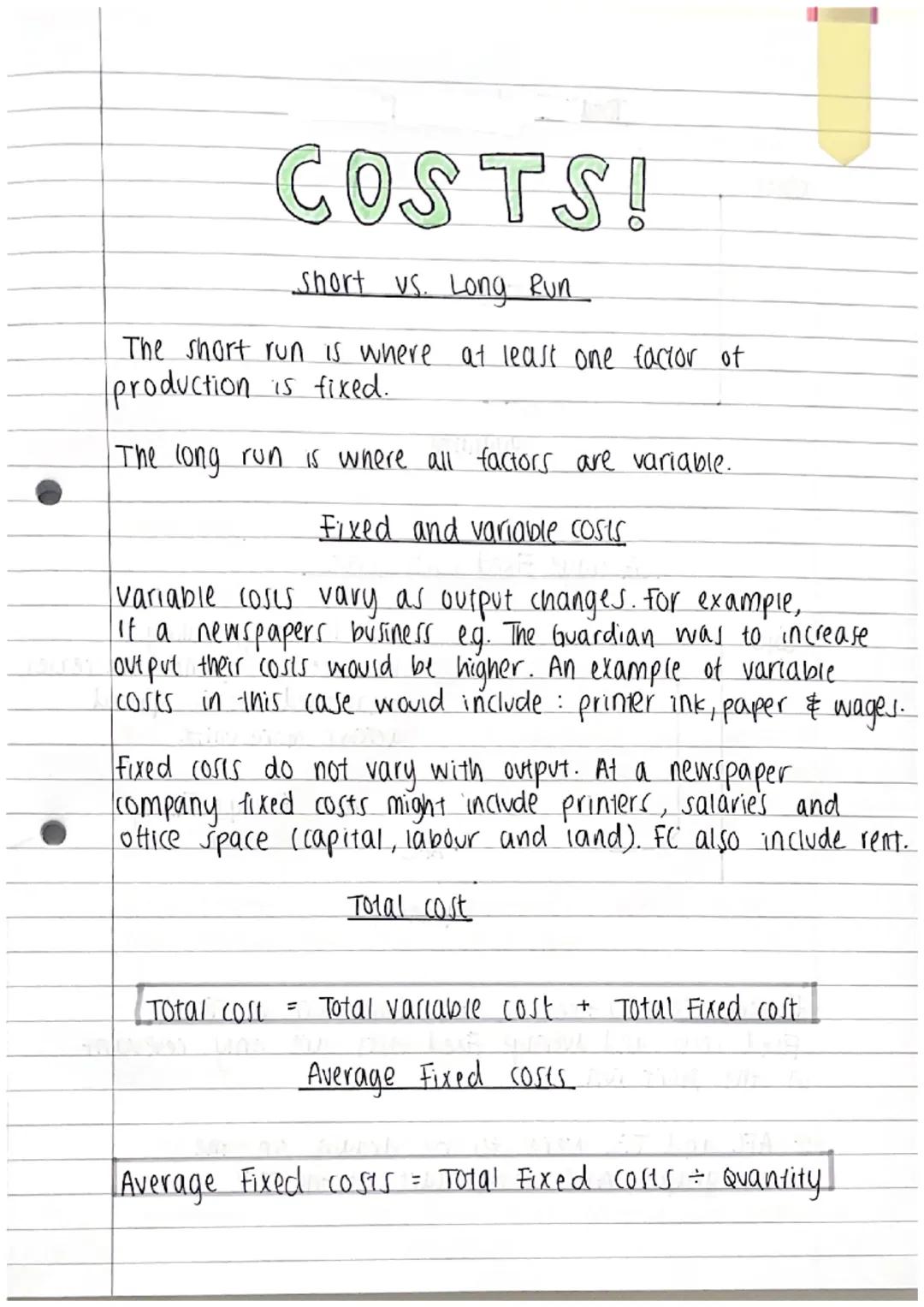 # COSTS!

Short vs. Long Run

The short run is where at least one factor of
production is fixed.

The long run is where all factors are vari