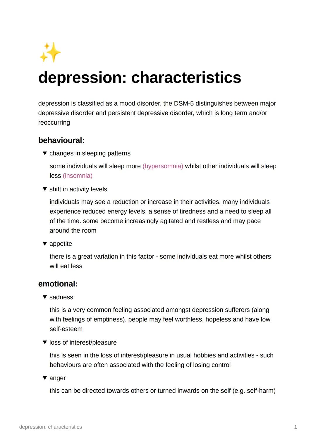 depression: characteristics - AO1