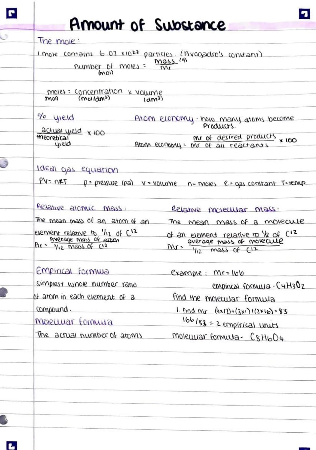 L
Amount of Substance.
The mole
I mole contains 6.02 x 1023 particles. (Avogadro's constant)
mass (9)
Mr
moles
(mol)
number of moles =
(moi)