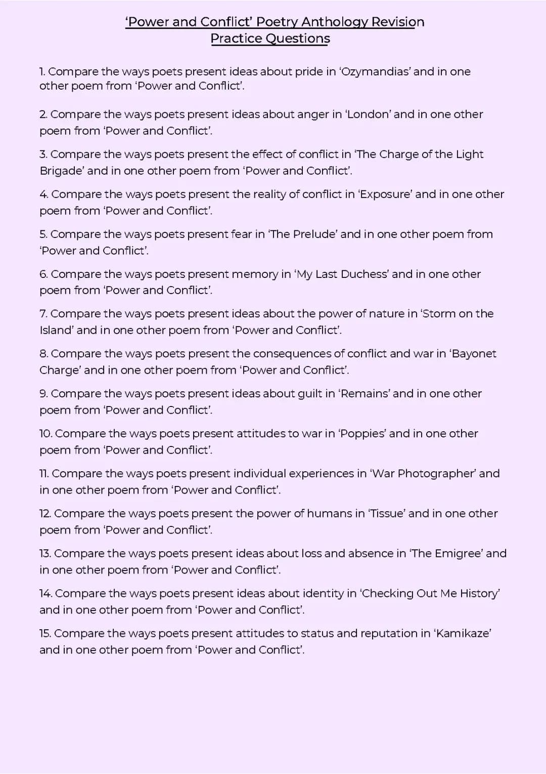 practise exam questions poetry