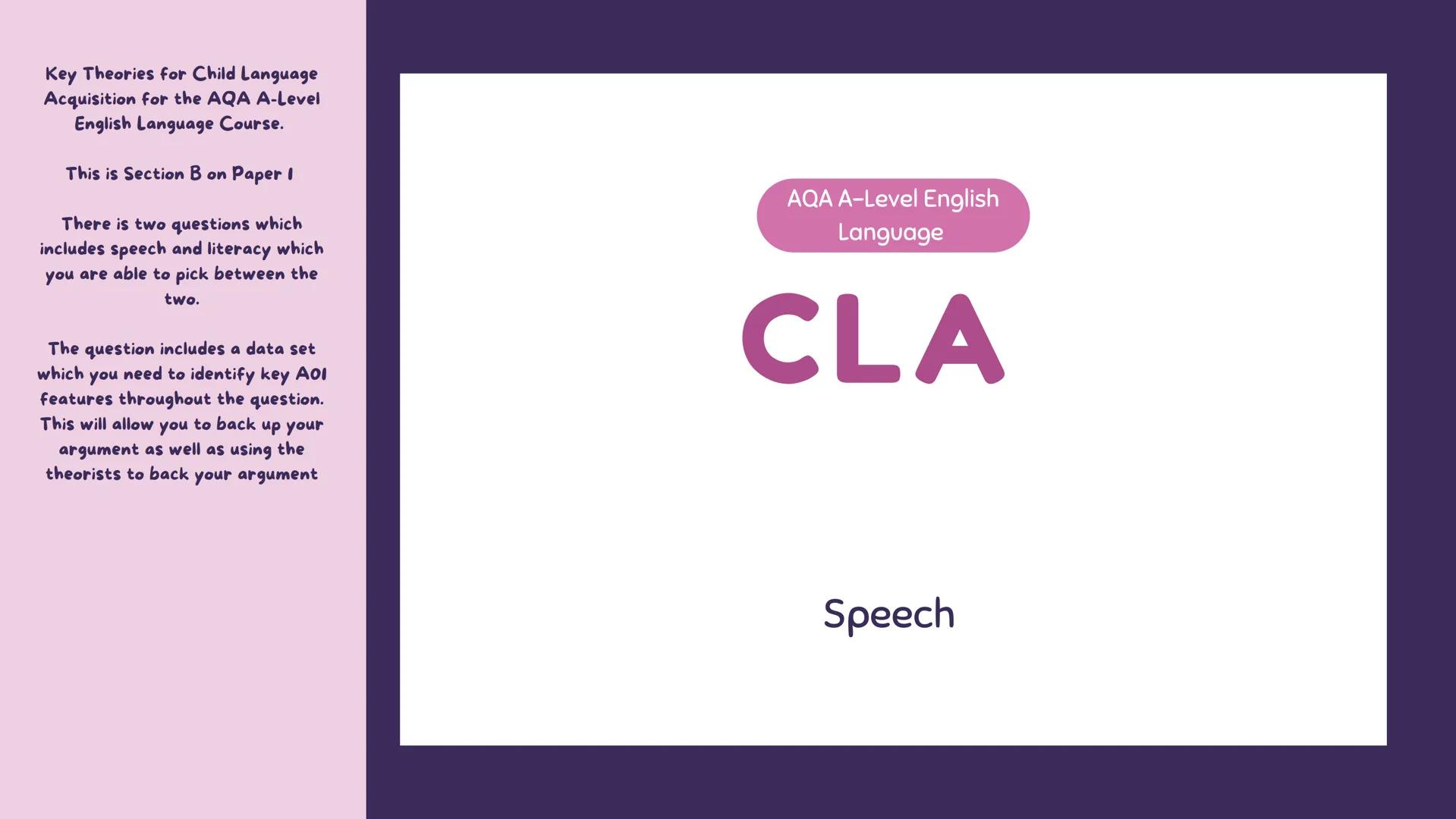 Key Theories for Child Language
Acquisition for the AQA A-Level
English Language Course.
This is Section B on Paper I
There is two questions