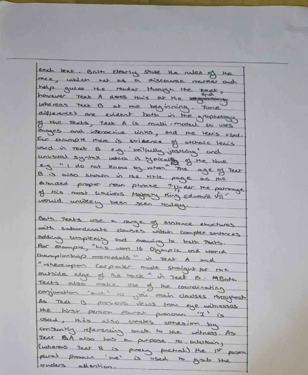Student Exemplar 2 Question 3
19/20
Both Text's A and B recount episodes of
runners being or almost being disqualified from
championship rac