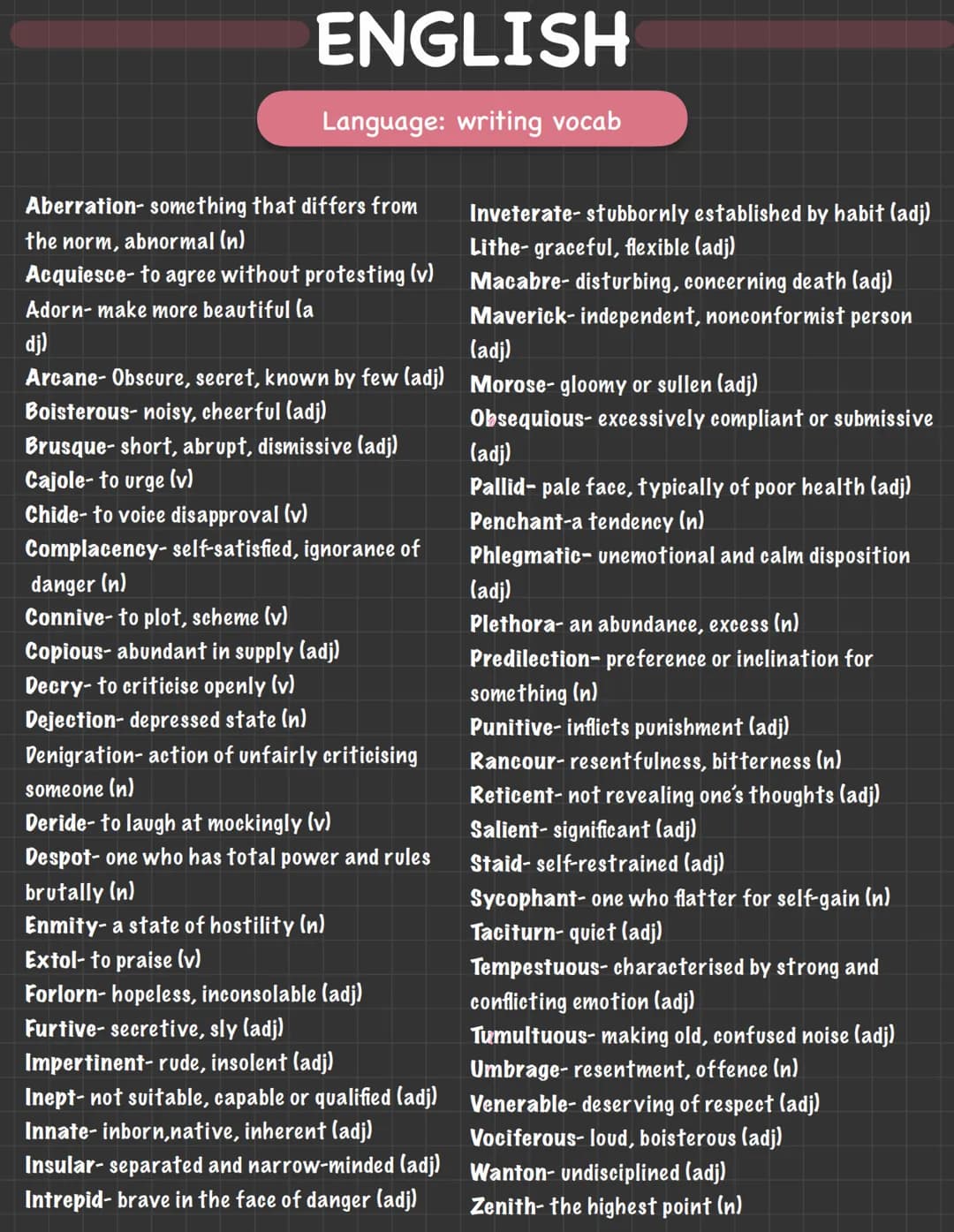 ENGLISH
Language: writing vocab
Aberration-something that differs from
the norm, abnormal (n)
Acquiesce- to agree without protesting (v)
Ado