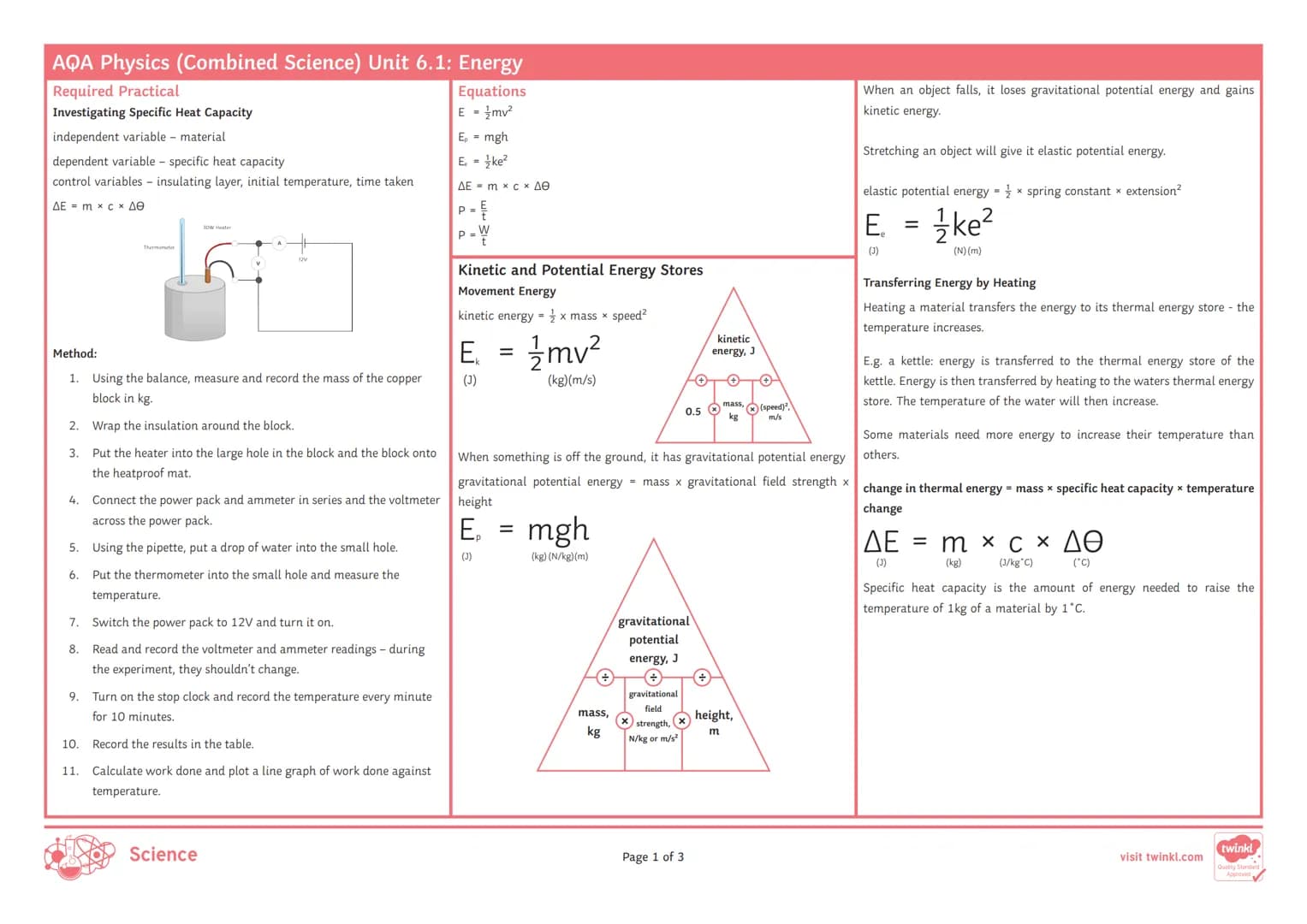 AQA Physics (Combined Science) Unit 6.1: Energy
Equations
E = mv²
E, = mgh
E. = ke²
ΔΕ =
Required Practical
Investigating Specific Heat Capa