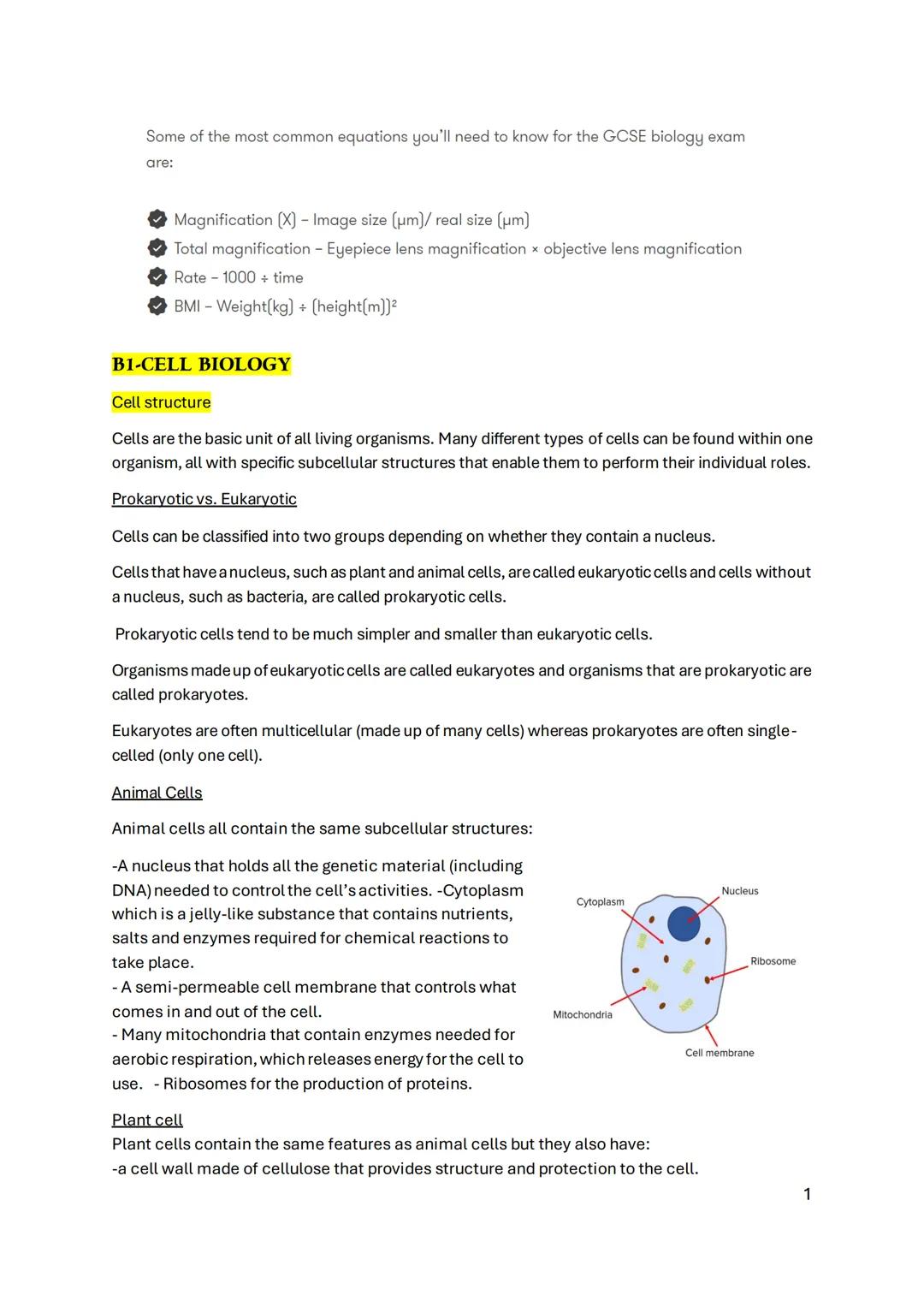 Some of the most common equations you'll need to know for the GCSE biology exam
are:
✔ Magnification (X) - Image size (µm)/ real size (µm)
T