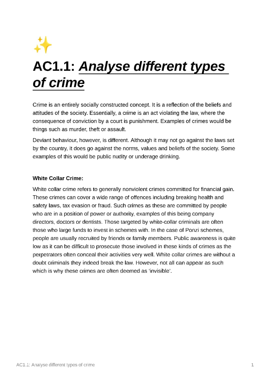 Unit 1 - AC1.1: Analyse different types of crime