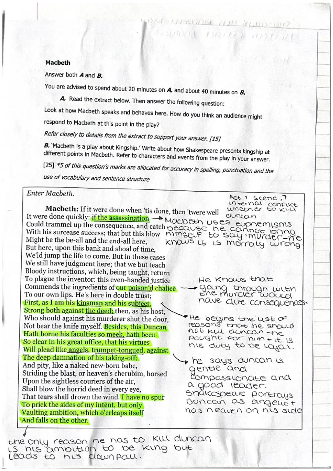 Macbeth
Answer both A and B.
You are advised to spend about 20 minutes on A, and about 40 minutes on B.
A. Read the extract below. Then answ