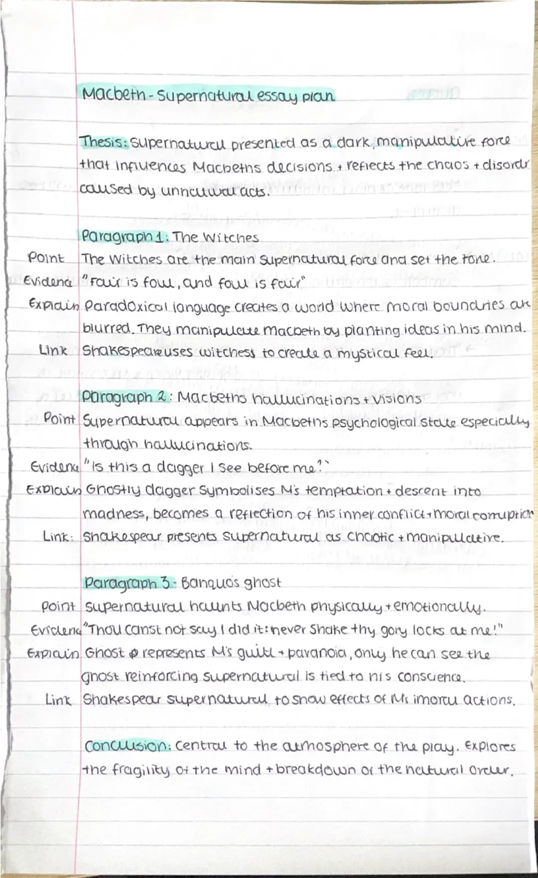 --- OCR Start ---
Macbeth-Supernatural essay plan
Thesis: Supernatural presented as a dark manipulative force
that influences Macbeths decis