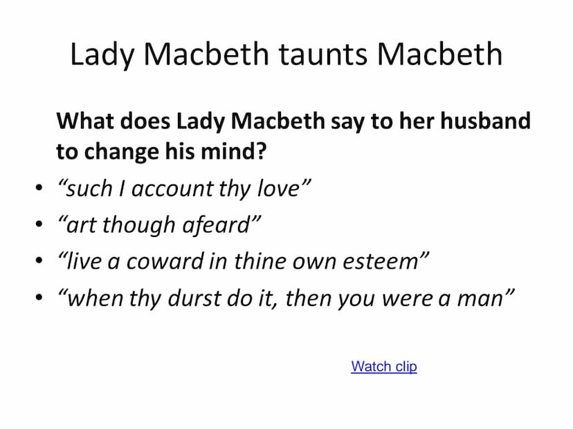 Lady Macbeth's Soliloquy
Come, you spirits
That tend on mortal thoughts, unsex me here,
And fill me from the crown to the toe top-full
Of di