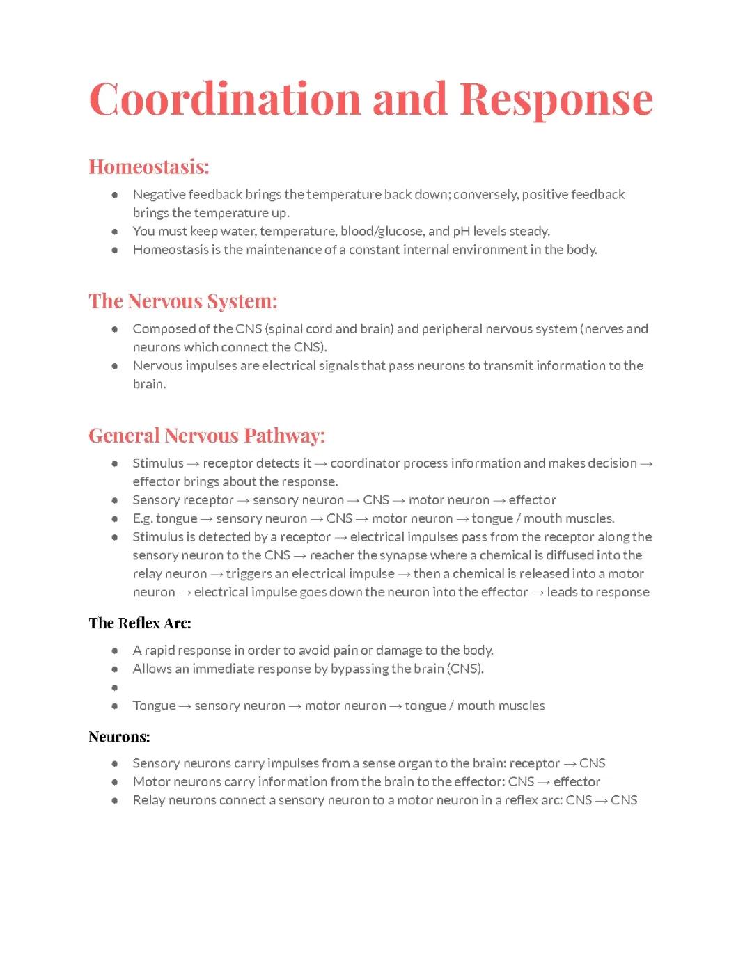 Coordination and Response, GCSE Biology Notes