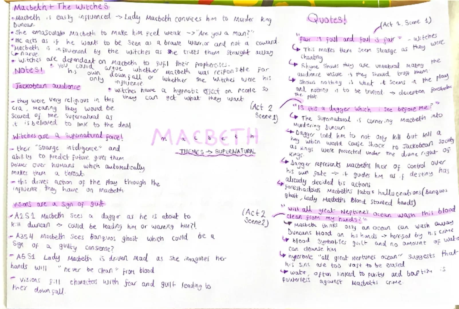 # Macbeth + The Witches
- Macbeth is easily influenced -> Lady Macbeth convinces him to Murder King Duncan
- She emasculates Macbeth to make