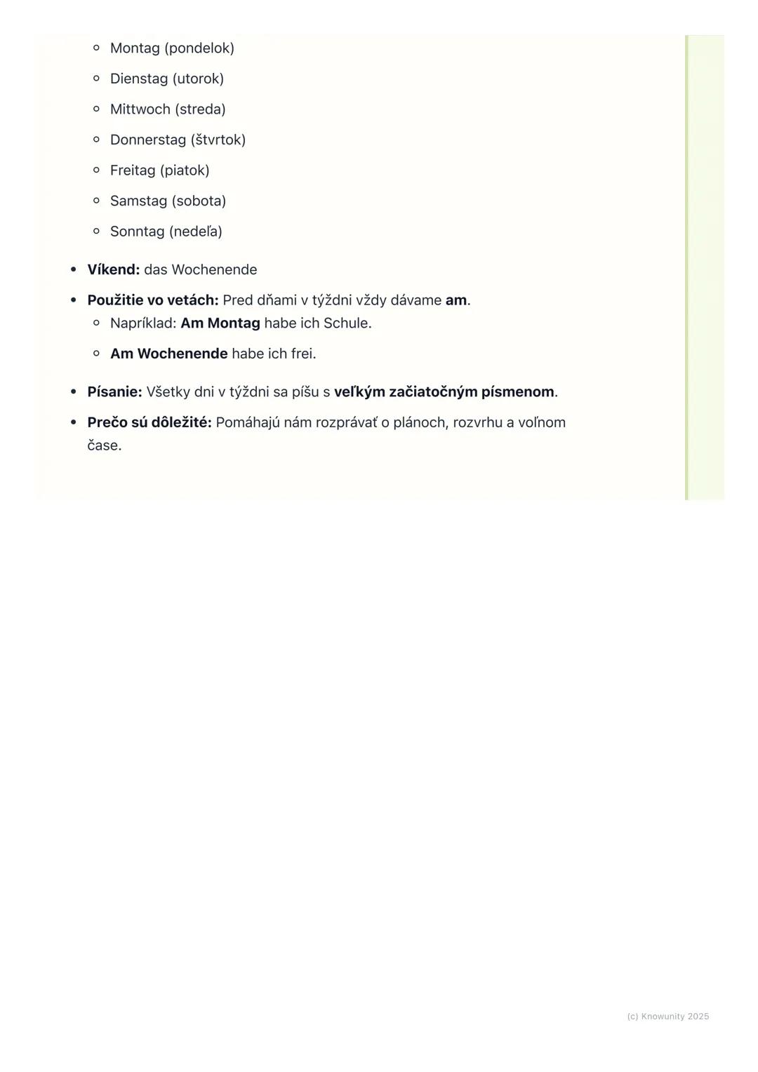 # Dni v týždni

1. Prehľad dní v týždni

Ahojte! Dnes si ideme zopakovať a naučiť sa dni v týždni po nemecky. Je to
super dôležité, lebo v n