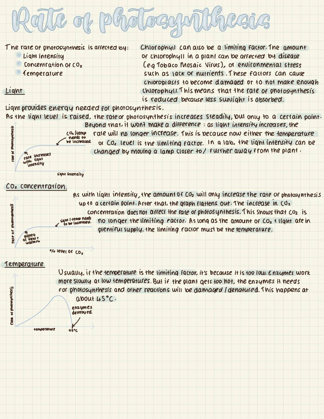 # Rate of photosynthesis

The rate of photosynthesis is affected by:
*   Light intensity
*   Concentration of CO₂
*   Temperature

Light

Ch
