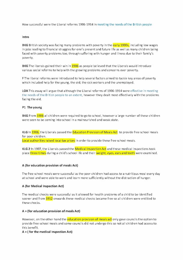 Know SQA Higher History Britain topic- Liberals Effectiveness essay plan for intro and main body paragraphs (knowledge, Analysis for and against, Evaluation) (does not include conclusion)  thumbnail