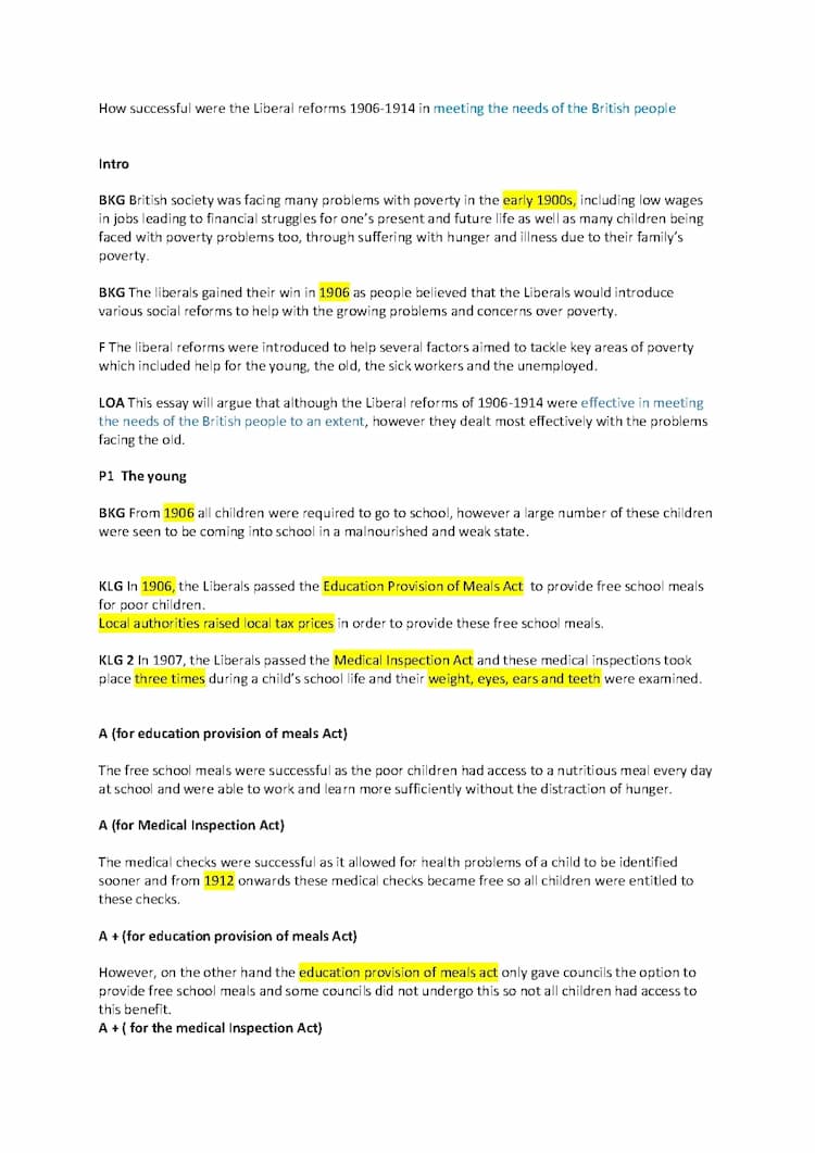 Know SQA Higher History Britain topic- Liberals Effectiveness essay plan for intro and main body paragraphs (knowledge, Analysis for and against, Evaluation) (does not include conclusion)  thumbnail