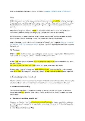 Know SQA Higher History Britain topic- Liberals Effectiveness essay plan for intro and main body paragraphs (knowledge, Analysis for and against, Evaluation) (does not include conclusion)  thumbnail