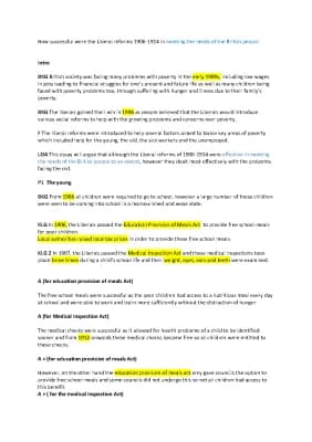 Know SQA Higher History Britain topic- Liberals Effectiveness essay plan for intro and main body paragraphs (knowledge, Analysis for and against, Evaluation) (does not include conclusion)  thumbnail