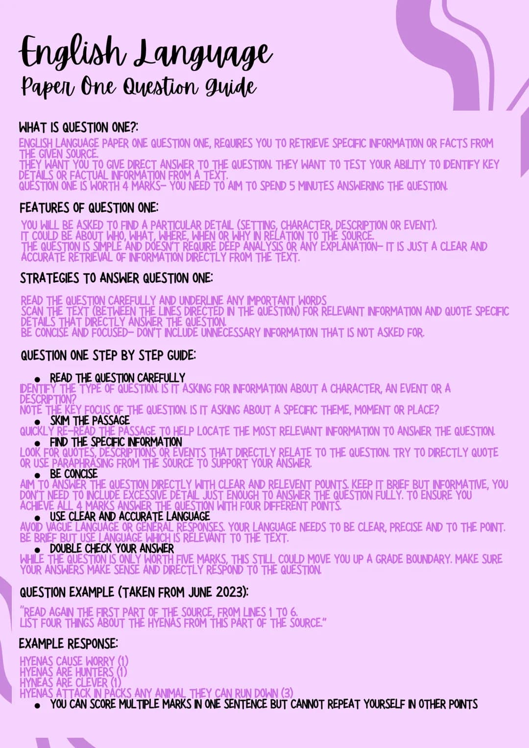 --- OCR Start ---
English Language
Paper One Question guide
WHAT IS QUESTION ONE?:
ENGLISH LANGUAGE PAPER ONE QUESTION ONE, REQUIRES YOU TO 